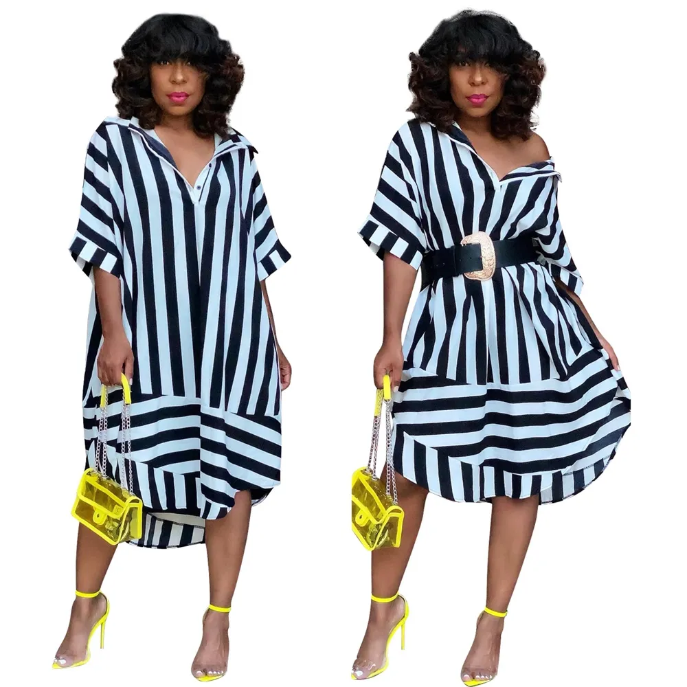 fashion Summer new style casual chic striped lapel dress for women loose style casual wear clothing for female mujer