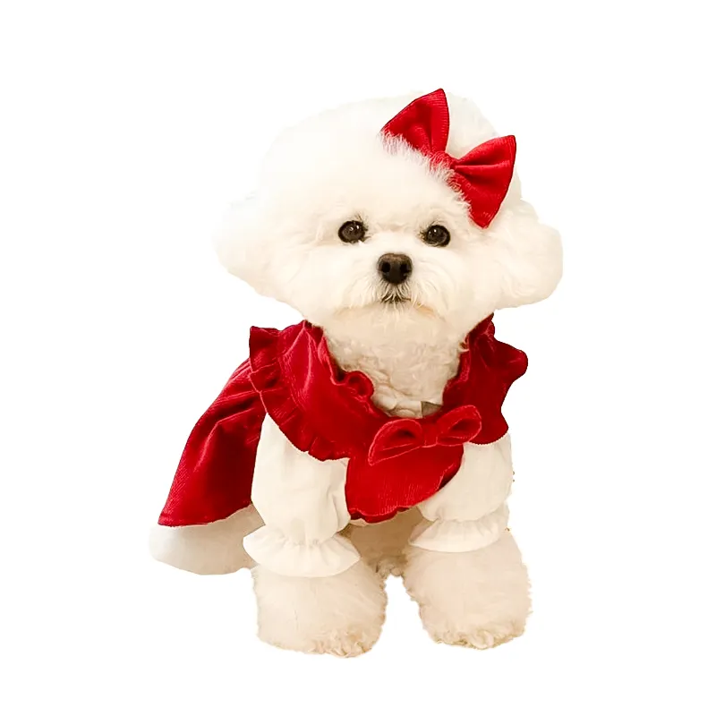 Dog Christmas Costume Puppy Dress Santa Claus Pet Clothes Velvet Skirt Thermal Winter with Coat Xmas Cute Bowknot Cat Clothing