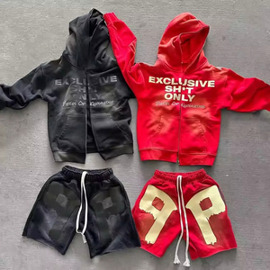 Custom Silicon Printing logo Full <strong>Face</strong> Zip up Hoodie and Short Sets Two Piece Acid Stone Washed Sweatsuit Tracksuits for Men - Product Image 1