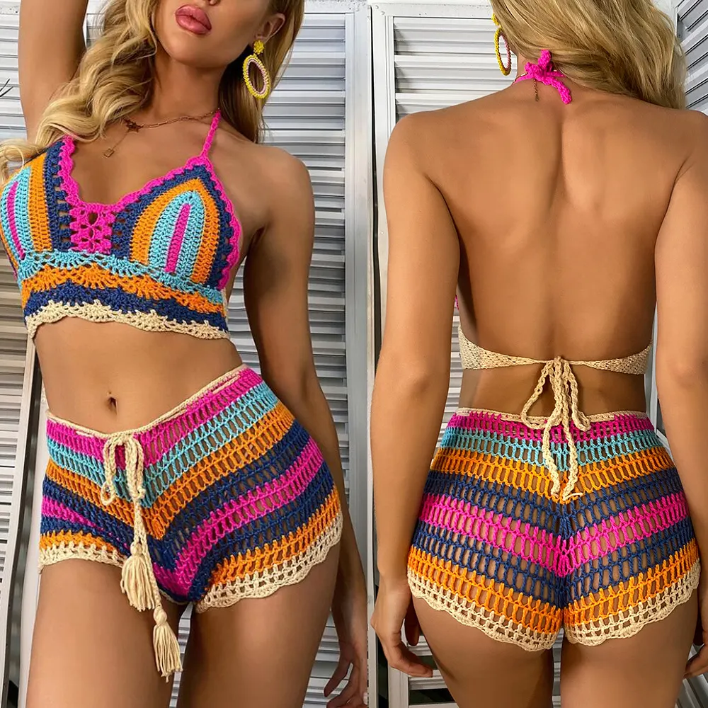 Crochet Bikini Sets Multi Color Knitted Rainbow Striped Off Shoulder Top and Bottom Bikinis Woman Beachwear