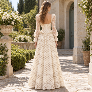 Robe de soirée romantique en dentelle, coupe trapèze, longueur ras du sol, col cœur, manches à volants, brodée à pois, ajustée, pour le printemps - Product Image 2