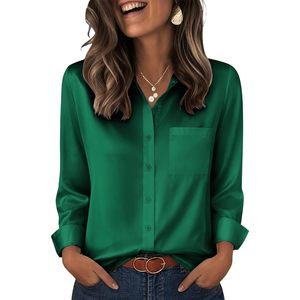 Blusa de Satén para Mujer, Manga Larga, Cuello en V, Botones, con Bolsillos, Estilo Casual para el Trabajo, Moda Otoñal - Product Image 2