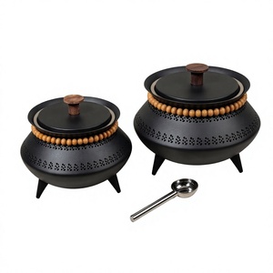 Metal Round Casserole Food Warmer with Wooden Handle and Beaded Lid <b>Set</b> with Serving Spoon Minimalist Design - Product Image 5