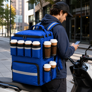 Blue Insulated Backpack <b>Cooler</b> With 6 Coffee Cup Holders Zipper Closure Oxford Material 24L Capacity For <b>Drink</b> Transport - Product Image 6