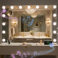 Miroir de Maquillage Carré Autoportant en Métal et Verre avec 15 Lumières LED, Interrupteur Tactile Bluetooth, Grossissant, Personnalisable OEM/ODM