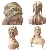 Nouveautés Perruques Tressées Africaines en Synthétique Double Néerlandaise au Crochet pour Femmes Noires avec Cheveux de Bébé et Dentelle Frontale Sans Colle