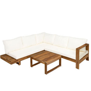 4-Piece Modern Solid Acacia Wood Outdoor Patio <b>Sofa</b> <b>Set</b> with Coffee Table Waterproof Cushions Beige - Product Image 4