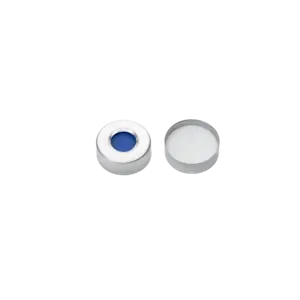 Silberne offene Platte Aluminiumkappe mit weißem PTFE/blauem Silikon-Septa; Durchmesser 20 mm