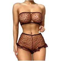 Nouvel ensemble de lingerie sexy en maille rouge à cœur à deux pièces avec volants