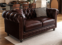 Elegantes Chesterfield-Sofa-Set mit Knopfheftung und Ottoman, 3-teiliges Wohnzimmermöbel-Set aus Leder, Dunkelbraun, getuftet