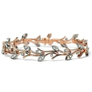 Rose Gold Plated Leaf Design Silver Jeweled Cuff Bracelets