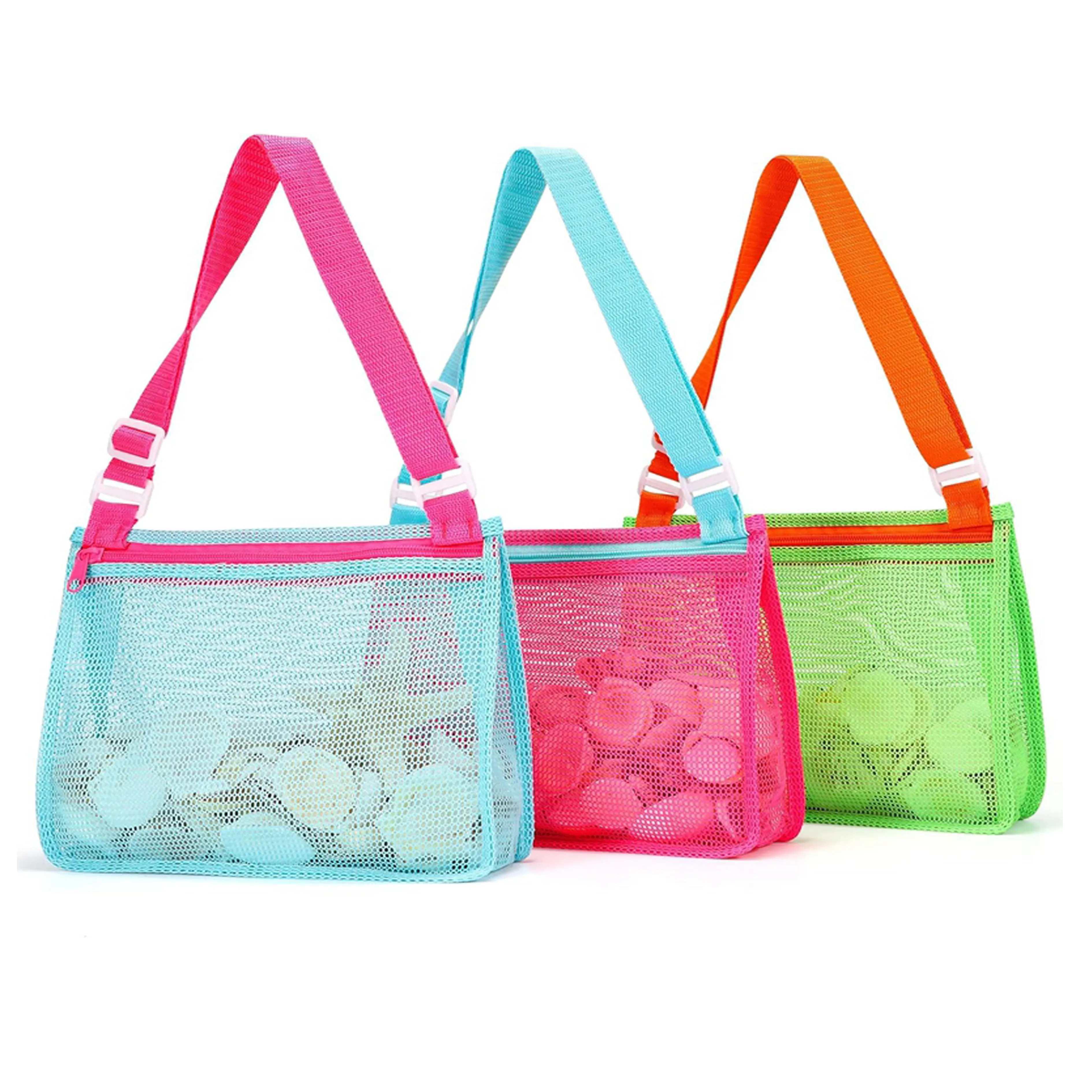Custom Mesh Beach Bags for Toys Storage Pouch Transparent Totebags with Adjustable Carrying Straps for Girls Travel Tote Bags