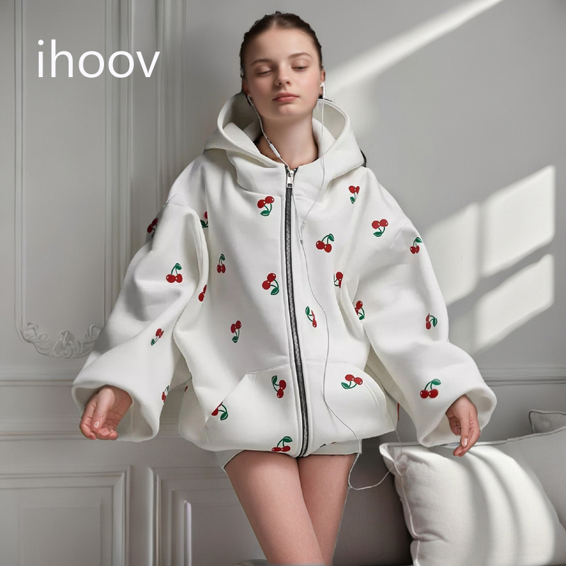Ihoov Женский Повседневный стиль Вишневый принт кардиган толстовка с капюшоном топ на молнии куртка