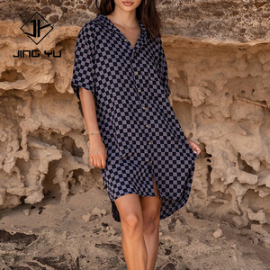 Vestido camisero holgado con estampado a cuadros bohemios, personalizado de fábrica, vestido camisero de algodón orgánico de alta calidad - Product Image 1