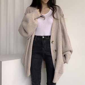 Sul-coreano Chic Mulheres Outono Inverno <span class=keywords><strong>Cardigan</strong></span> V-Neck Single-Breasted Lanterna Solta Manga De Malha Camisola Longa Casaco Casual - Product Image 4