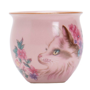 Taza de té de cerámica rosa Ru Kiln, taza individual, nuevo estilo chino, diseño de flores y gatos, para degustación de té - Product Image 5