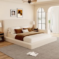 Luxuriöser Bouclé-Bettrahmen mit Breiter Gepolsterter Rückenlehne für Ruhige Zeitgenössische Schlafzimmer-Inneneinrichtung
