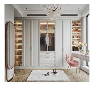 Custom Nordic Hotel Furniture Foldable White Soild Wood Cupboard Sliding Door Wardrobe Cabinet Light For Bedroom