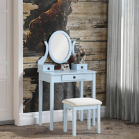 Ensemble coiffeuse et tabouret en bois de chêne moderne avec rangement et miroir éclairé réglable, bleu, pour chambre et salon