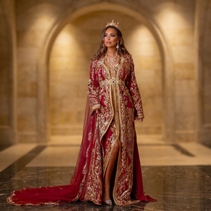 Royal Red <b>Gold</b> Embroidered Satin Floral Lace Organza Empire A-Line Full Sleeve Maxi Watteau Train Strapless <b>Evening</b> <b>Dress</b> - Product Image 3