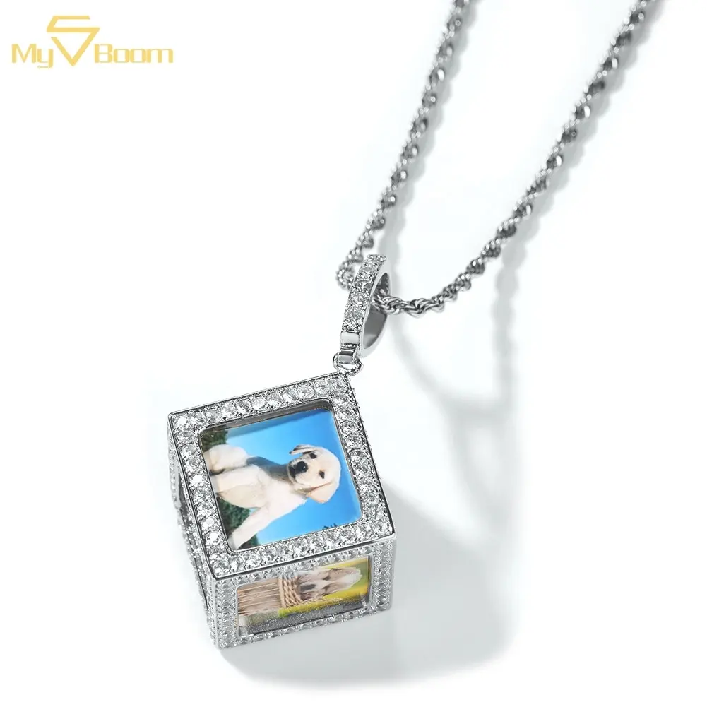 Excellent Jewelry Gift Custom Copper Zircon Iced Out Hip Hop Cube Shape Picture Locket Blanks Photo Sublimation Pendant Necklace