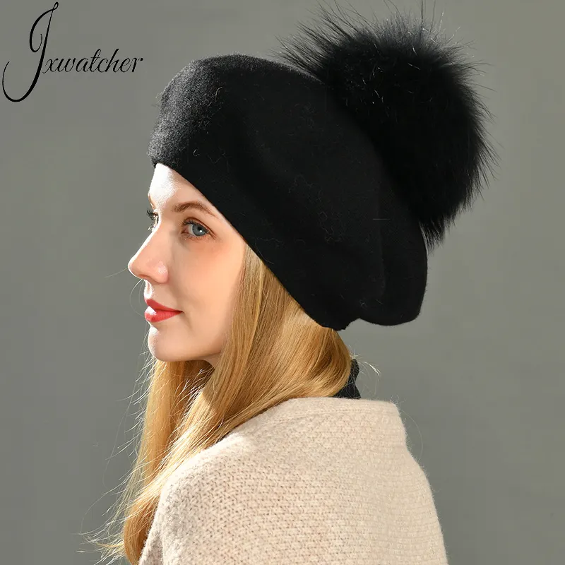 Wholesale Ladies Plain Classic Wool Beret Cap with Big Real Fur Pom Pom Spring Artist Winter Knit French Women Wool Custom Beret