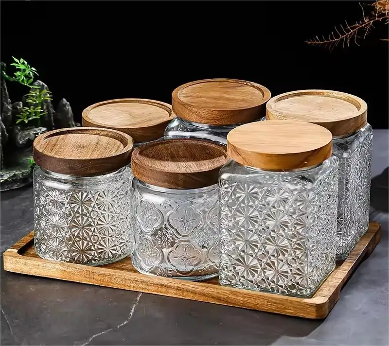 Recipiente de vidro para armazenamento de alimentos, pote de vidro hermético com tampas de madeira, 500/800/1000ml, pote de vidro para cozinha, com relevo