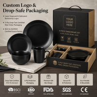 Service de vaisselle moderne en céramique noir mat 4 pièces : assiette plate, assiette à salade, bol à céréales, tasse à café pour restaurant et maison