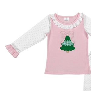 Petite fille Boutique ensemble de vêtements rose arbres de Noël broderie automne tenues enfant tout-petits en gros enfant mignon ensemble - Product Image 2