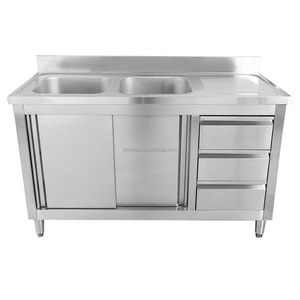 Commercial Double Sink Table with Storage Cabinet, Restaurant Hotel Service Equipment for Catering Use - Product Image 3