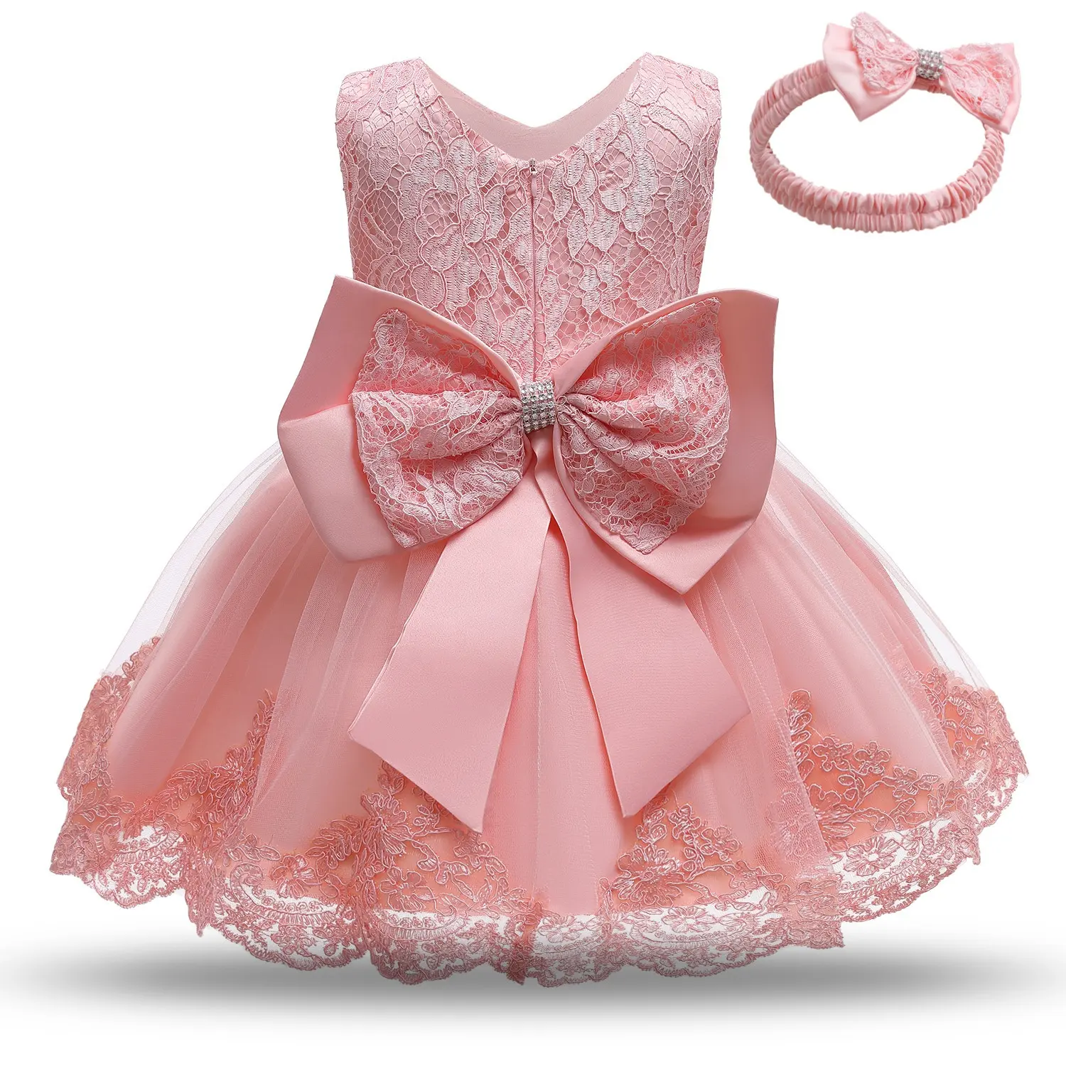 Big bowknot dress toddler formal birthday party kids flower girl one year baby party dresses with headwear