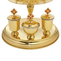 Set Altar Ortodoks Emas Perak HT, Tempat Relikui Dua Lapis dengan Candelabra 5 Lampu & 3 Wadah Permata Merah, untuk Ritual Gereja