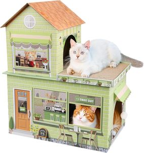 Maisonnette pour chat moderne pliable en carton, thème café, avec griffoir, <span class=keywords><strong>lit</strong></span> de jeu et cachette, pour usage intérieur - Product Image 2