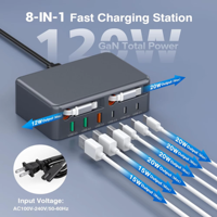Charger Desktop USB C 120W 6 Port Grosir, 3 USB C 3 USB 2 Kabel Retractable, Stasiun Pengisian Daya Multi Perangkat, Logo Kustom OEM