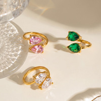Bague ouverte double goutte d'eau en acier inoxydable doré Novirassine pour femme, avec cristaux colorés, bijou ajustable et tendance