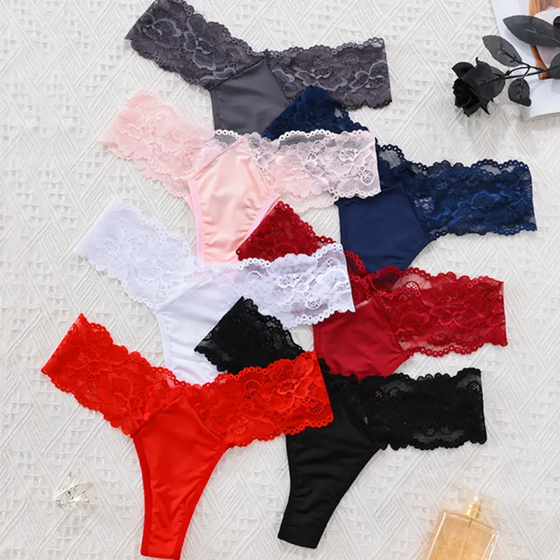 High Quality Wholesale Women Lace Thong Colorful Bikini Cheeky Underpants Floral Transparent Sexy Women's Lace Panties Thongs