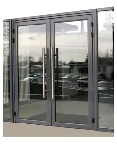 Puerta de entrada de aluminio de vidrio de vista completa, puertas de seguridad oscilantes de 2 paneles, entrada comercial, puerta de pantalla de vidrio templado