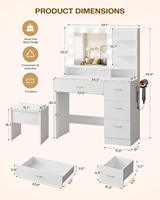 Table de toilette moderne en bois massif blanc avec station de charge, 4 tiroirs, 10 ampoules LED, miroir LED HD, tabouret rembourré, support pour sèche-cheveux, maquillage
