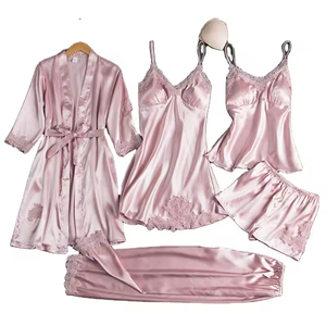 Vendita calda da <span class=keywords><strong>donna</strong></span> Sexy in pizzo satinato <span class=keywords><strong>accappatoio</strong></span> da notte <span class=keywords><strong>Set</strong></span> 5 pz traspirante termico pigiama invernale con coulisse-One - Product Image 1