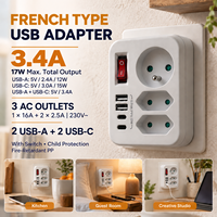 Adaptateur de type E français avec chargeur USB, 3 prises (1x16A, 2x2.5A), 230V, interrupteur, protection enfant, 17W, 2 USB-A, 2 USB-C, petit format, IP20
