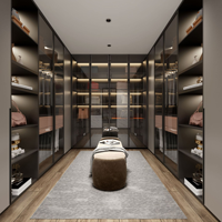 Dressing de luxe en bois avec porte coulissante miroir, éclairage LED multi-zones, banc de rangement, armoire de villa, organisateur de vêtements