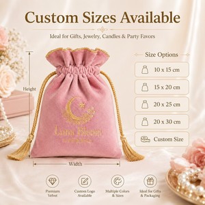 Pochette cadeau en velours personnalisée de luxe avec logo et pompon doré pour bijoux, bougies, parfums, emballage de <span class=keywords><strong>mariage</strong></span> - Product Image 6