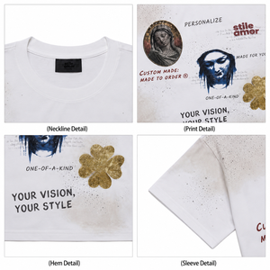 Rhinestone Portrait Graphic T-shirt Floral Detail <b>Tee</b> Heavyweight Cotton Boxy Fit <b>White</b> Vintage Streetwear Custom Men T Shirt - Product Image 3