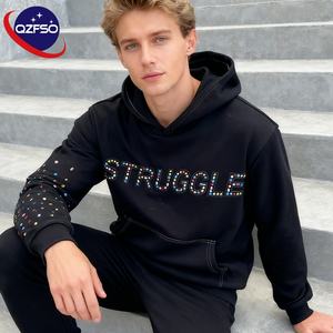 QZFSO Custom Manufacturer <b>Y2K</b> Sweatshirt Mens French Terry Distress Embroidery <b>Streetwear</b> Rinestoned Full Zip up Graphic Hoodie - Product Image 1