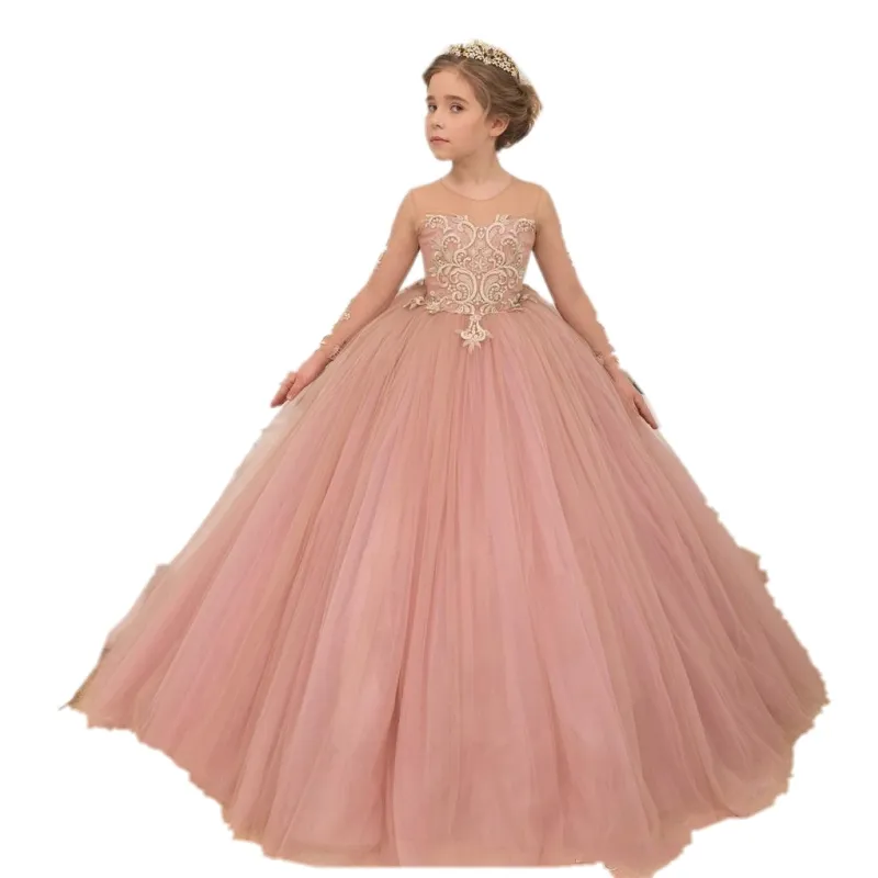 Pink Flower Girls Dresses For Weddings Long Sleeve Tulle Lace Girls Pageant Gowns