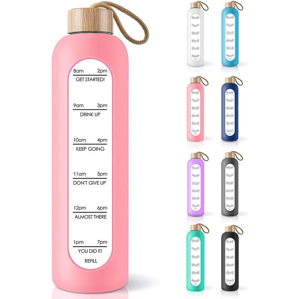 32 Oz Borosilicate Glass Water Bottle with Time Marker Reminder Quotes, Leak Proof Reusable BPA Free Motivational Water Bottle w