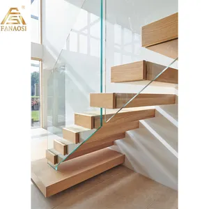 Luxury modern custom glass led light floating wooden straight stairs interior staircase save space wood floating staircase