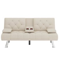 Futón Económico para Sala de Estar con Portavasos, Sofá Cama Plegable de PU, Sofá Cama Click Clac