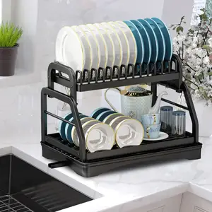 Kitchenware Dish Drainer Holder 2 Tiers Kitchen Dish Rack Plate Bowl Storage Rack With Drainboard