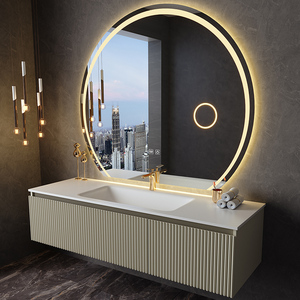 Meuble-lavabo de salle de bain moderne en MDF laqué avec miroir intelligent rectangulaire à LED Luminaires dorés Lavabo simple Salles de bain élégantes - Product Image 2